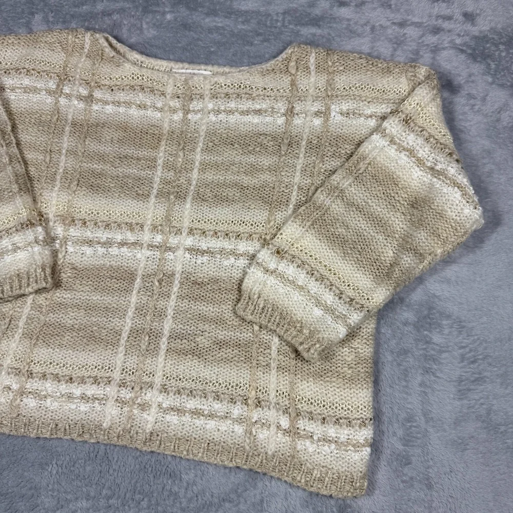 Vintage Beldoch Popper Sweater Women L Beige Cozy Textured Plaid Knit 80s - Picture 2 of 16